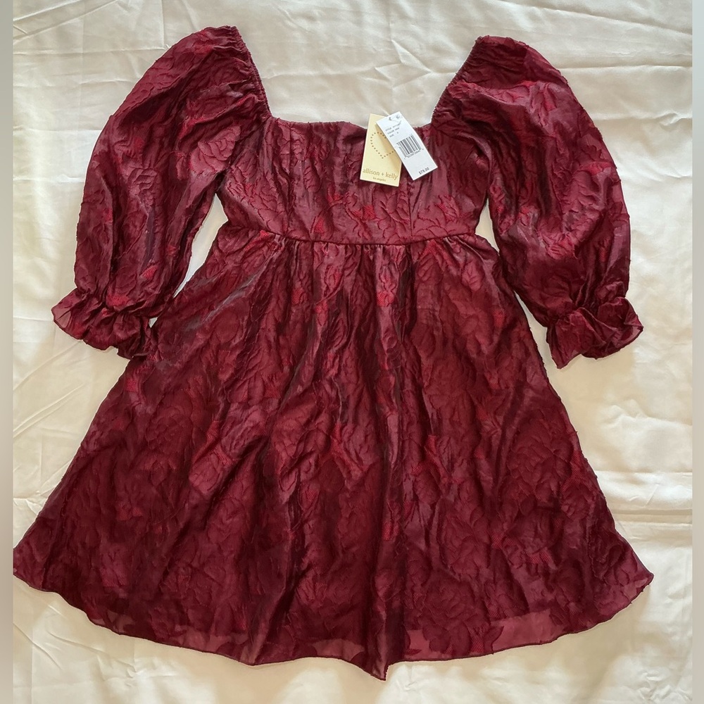 NEW Allison & Kelly Square Neck Puff Sleeve Wine Dress Women’s Size Small NWT